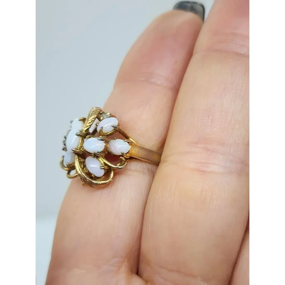 Vintage Opalene Rhinestone Cocktail Ring Gold Plated Floral Leaf Cluster Size 9